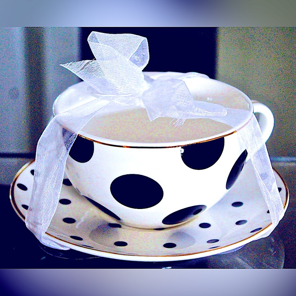 GRACES TEAWARE LATTE CUP & SAUCER WHITE BLACK DOTS NWT PORCELAIN